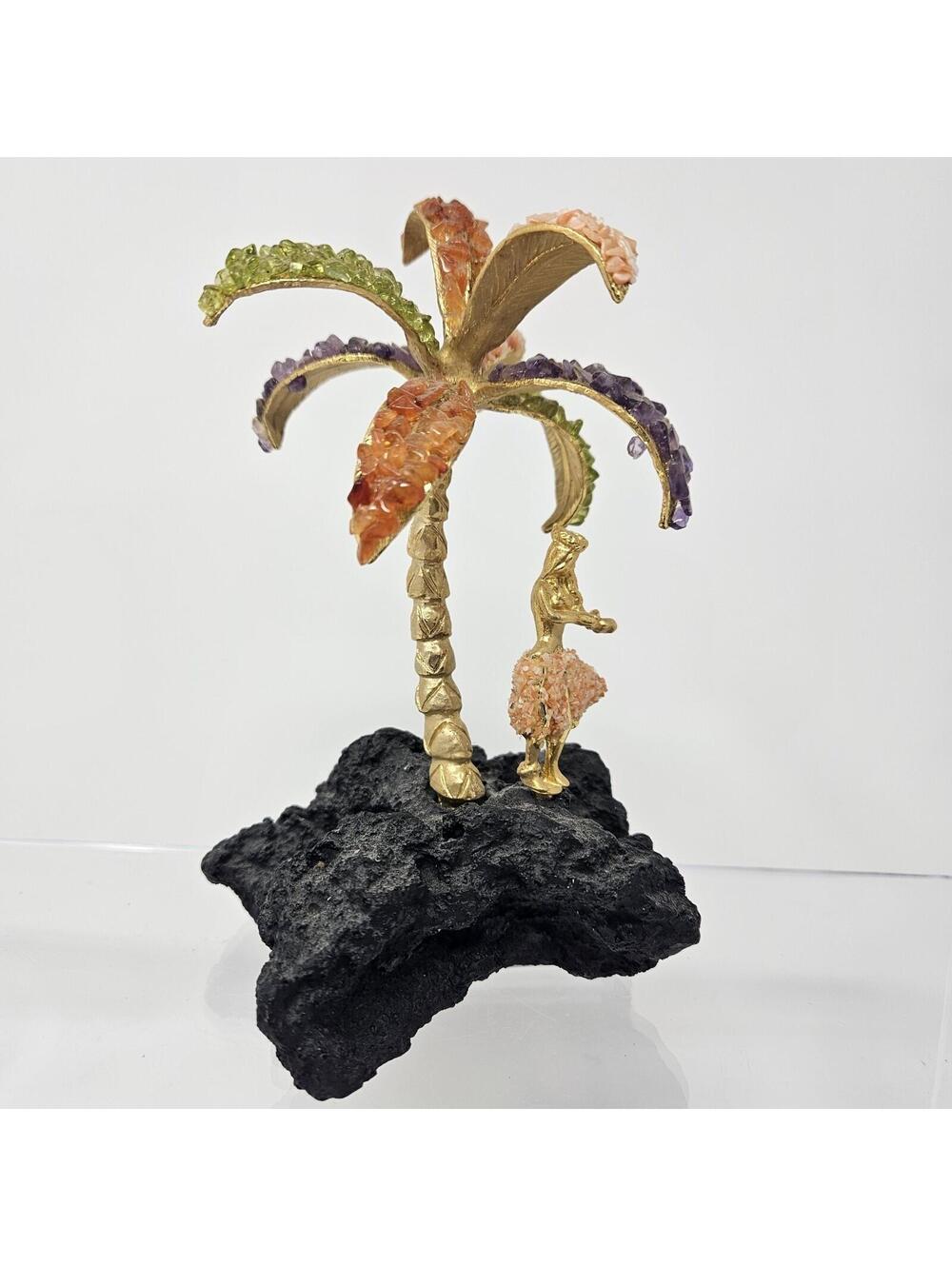 Vtg PELE Gold Tone Palm Hula Girl Gemstone Chips Peridot Coral Amethyst Lava Art